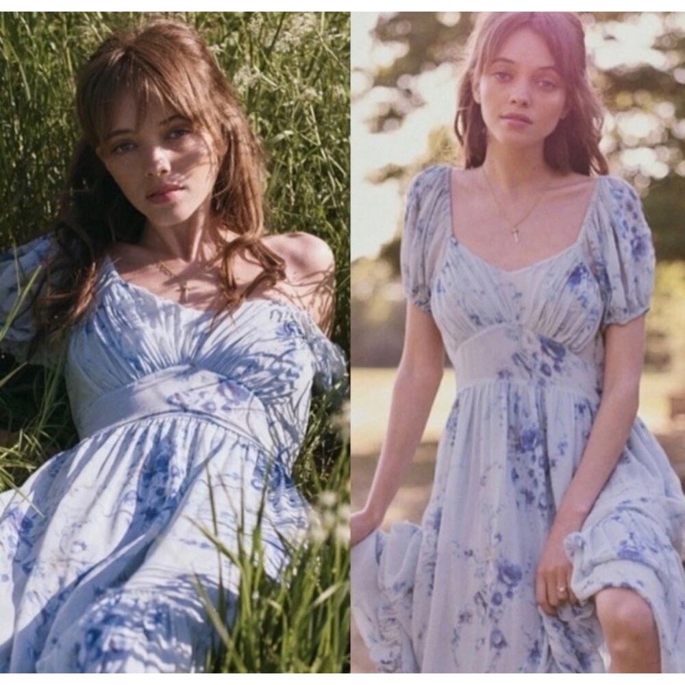 LoveShackFancy Angie Silk Floral Sweetheart Maxi Dress in Celestia Blue Size 4 - Picture 6 of 14